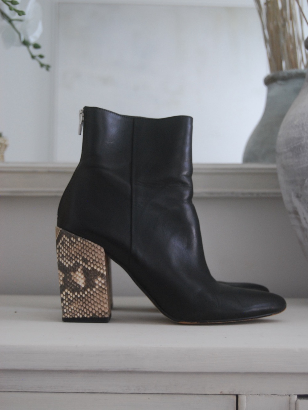 Dolce Vita Black Leather Ankle Boots with Snakeskin Block Heel
